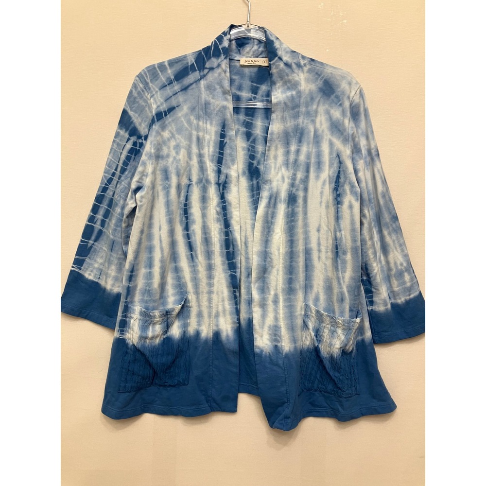 Jess & Jane Cardigan Small Blue Tie Dye Open Front Knit Pocket Travel Boho